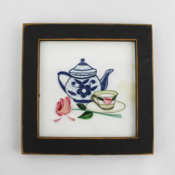 Lot of 2 Small Wall Pictures Butterflies & Teapot Rose Vintage Frames