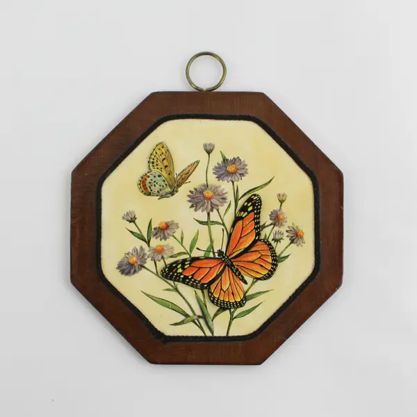 Lot of 2 Small Wall Pictures Butterflies & Teapot Rose Vintage Frames