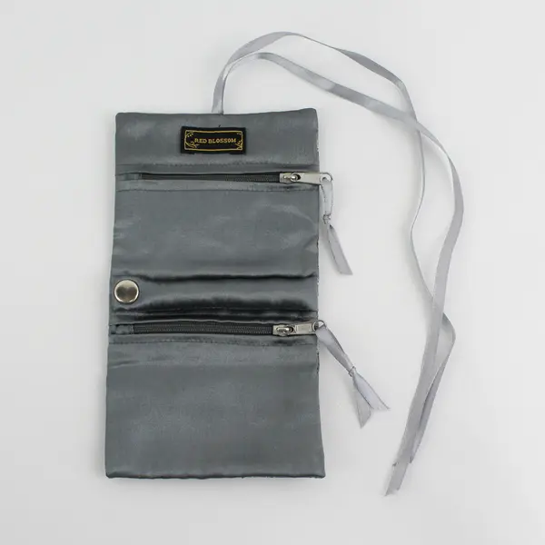 Red Blossom Grey Satin Travel Jewelry Roll Organizer Compact 4.5x3x1