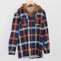 Unbranded Men's L Blue & Orange Plaid Jacket with Full Zip Hoodie Lining