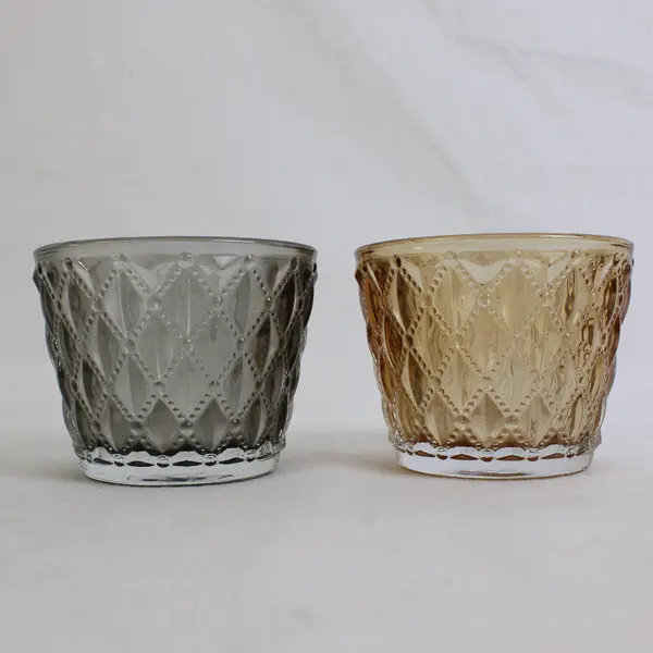 Lot Of 2 Unbranded Black/Beige Glass Lattice Pattern Votive Candle Holders 2.5"