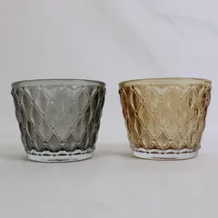 Lot Of 2 Unbranded Black/Beige Glass Lattice Pattern Votive Candle Holders 2.5"