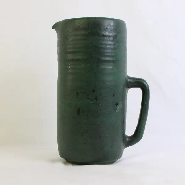 Handmade Signed 1957 Solid Dark Green Color Stoneware Pitcher 8.75" Tall