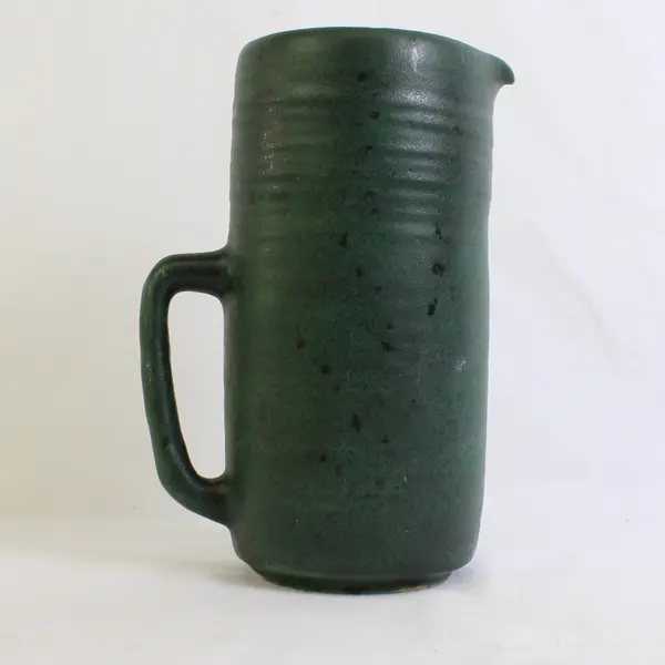 Handmade Signed 1957 Solid Dark Green Color Stoneware Pitcher 8.75" Tall