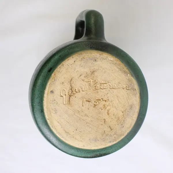 Handmade Signed 1957 Solid Dark Green Color Stoneware Pitcher 8.75" Tall