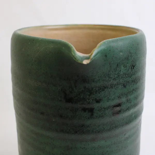 Handmade Signed 1957 Solid Dark Green Color Stoneware Pitcher 8.75" Tall