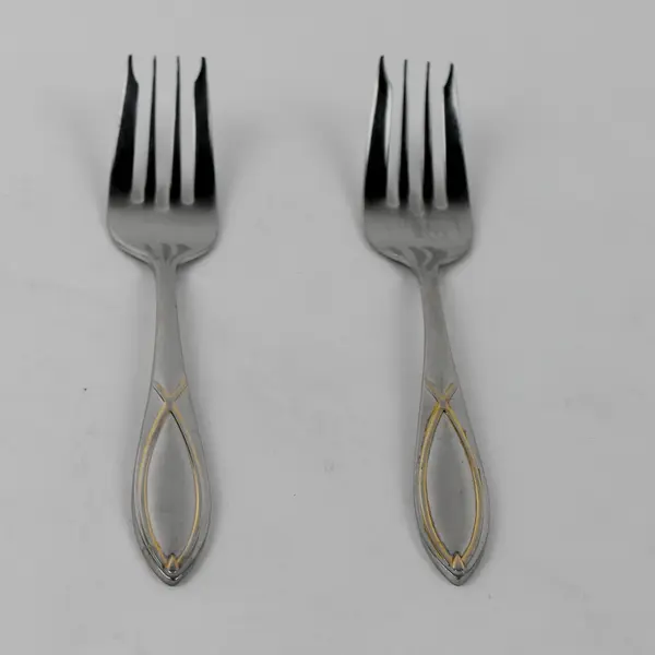 2 Wallace Silver Gold Vista Pat Gold Accent 18/8 SS Salad Forks 6.25" Rare HTF 