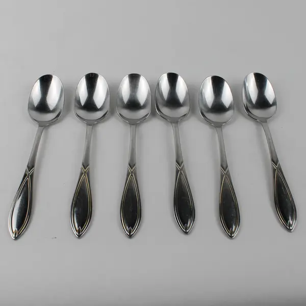 Lot of 6 Wallace Silver Gold Vista Pattern Gold Accent 18/8 SS Soup Spoons Rare