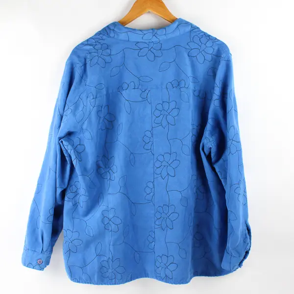 Sag Harbor Floral Embroidered Blue Faux Suede Button-Up Women's Size 1X