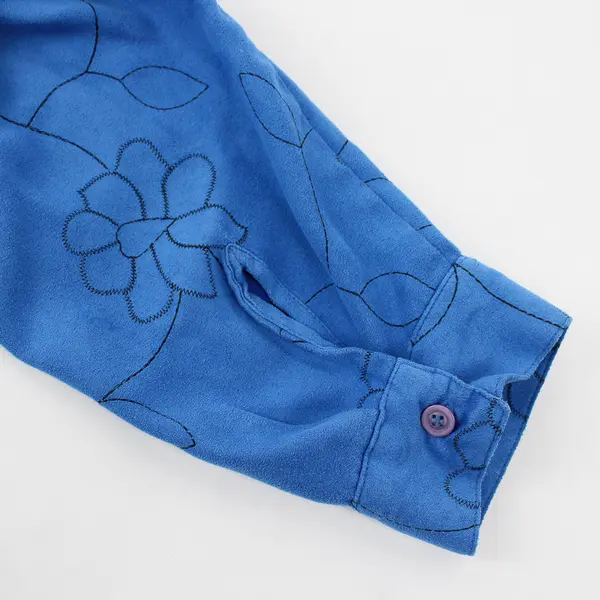 Sag Harbor Floral Embroidered Blue Faux Suede Button-Up Women's Size 1X