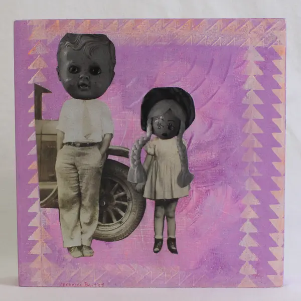 Big Brother by Veronica Bartlett Collage Art on Wood Panel 8" x 8" 