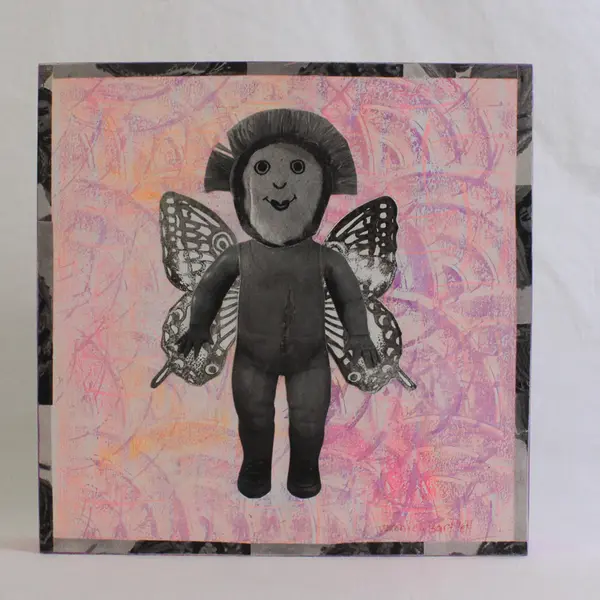 Quirky Surrealist Art by Veronica Bartlett Collage on Wood Panel 8" x 8"