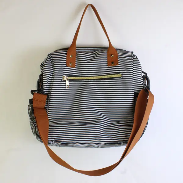 Tuercao White & Navy Striped Large Lunch Bag with Short and Long Handles