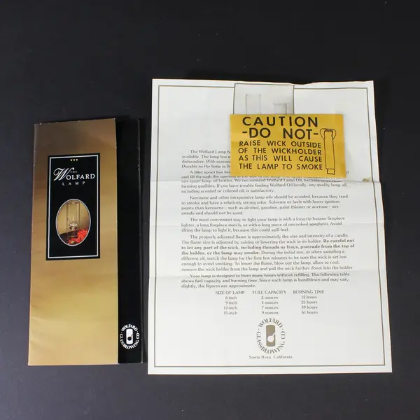 VTG Wolford Glass Hand Blown Clear Glass Oil Lamp 9" w/ Instructions Extra Wicks