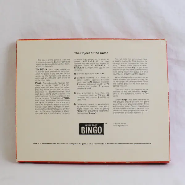 Vintage 1978 Daniel H. Greene License Plate Bingo Travel Game