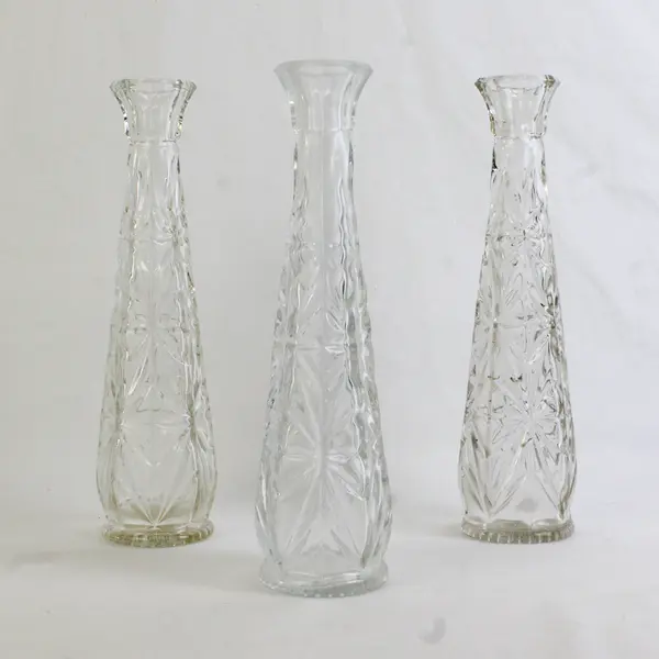 Lot of 3 Vintage Hoosier Glass Starburst Bud Vases 9" Clear