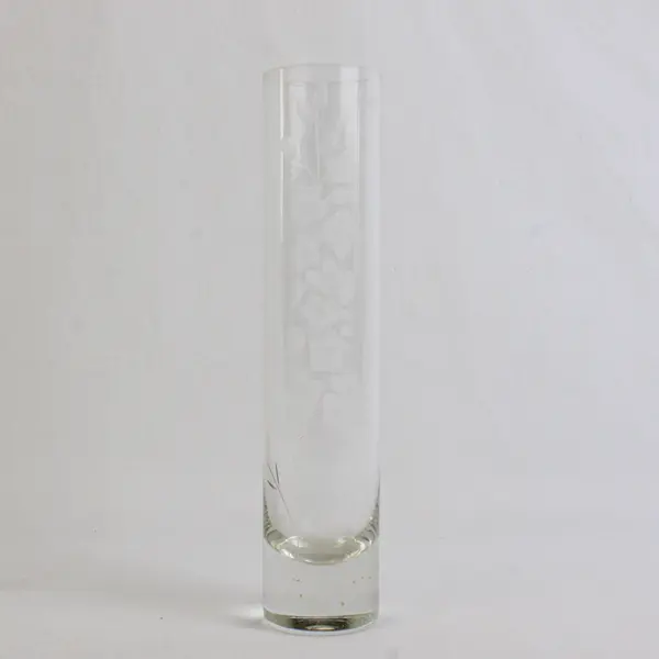 Vintage Floral Etched Glass Cylindrical Bud Vase 7" Clear