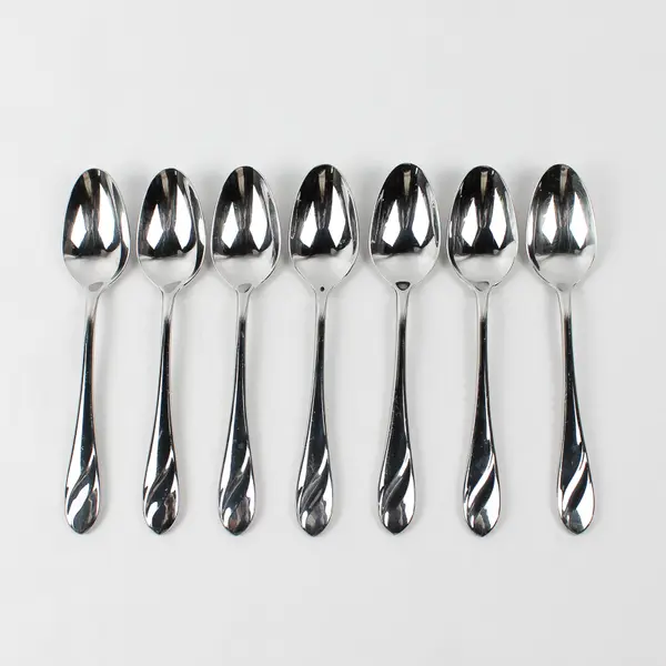 7 Cambridge Silver 18/10 SS Unknown Swirl Pattern Soup Spoons 8" HTF Rare Good