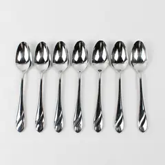 7 Cambridge Silver 18/10 SS Unknown Swirl Pattern Soup Spoons 8" HTF Rare Good