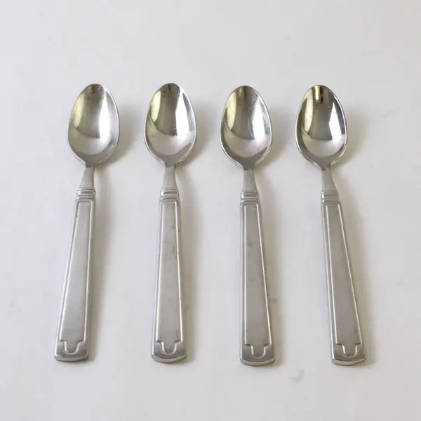 4 Cambridge Unknown Pattern Back/Front Geometric 18/10 SS Teaspoons 7" Rare HTF