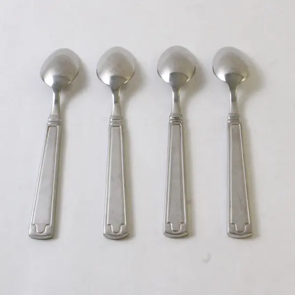 4 Cambridge Unknown Pattern Back/Front Geometric 18/10 SS Teaspoons 7" Rare HTF