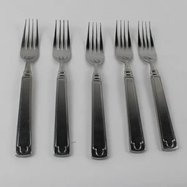 5 Cambridge Unknown Pattern Back/Front Geometric 18/10 SS Forks 8.25" Rare HTF