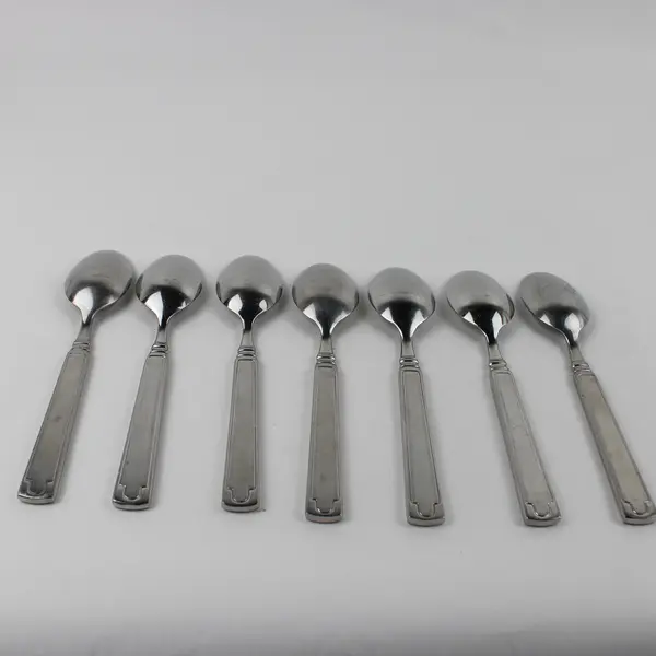 7 Cambridge Unknown Pattern Back/Front Geometric 18/10 Soup Spoon 8.25" Rare HTF