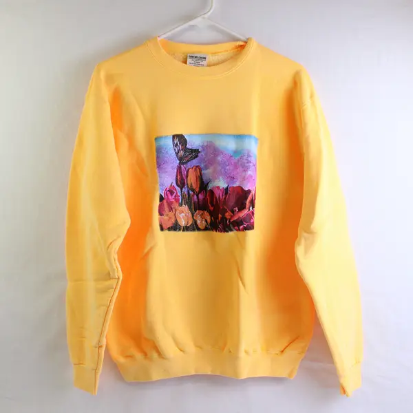 NWOT Comfort Colors Adult S Yellow w/Tulip Butterfly Graphic Pullover Sweater