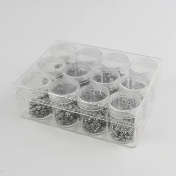 Lot of 12 Small Canisters in Storage Box of Metallic Beads for Jewelry-Making