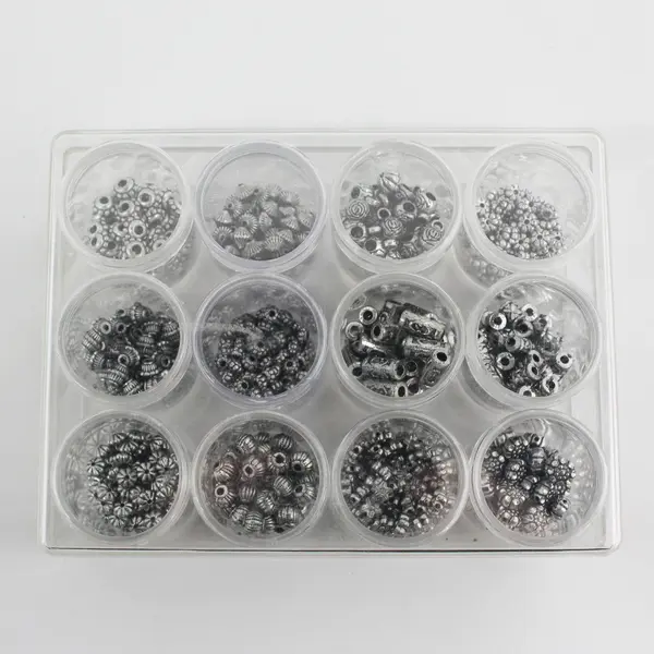 Lot of 12 Small Canisters in Storage Box of Metallic Beads for Jewelry-Making