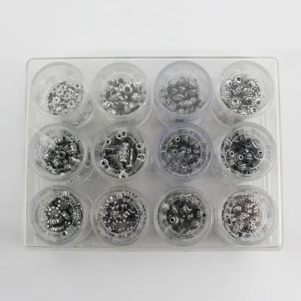 Lot of 12 Small Canisters in Storage Box of Metallic Beads for Jewelry-Making