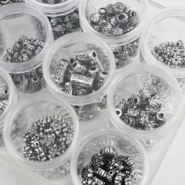 Lot of 12 Small Canisters in Storage Box of Metallic Beads for Jewelry-Making