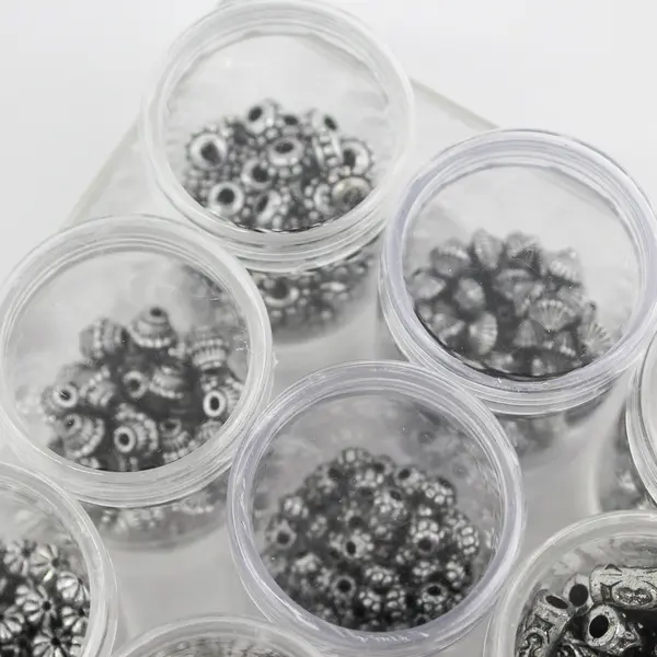 Lot of 12 Small Canisters in Storage Box of Metallic Beads for Jewelry-Making