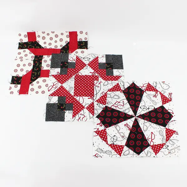 Lot of 3 Quilt Squares 12" x 12" Quirky Patterns Red Black White