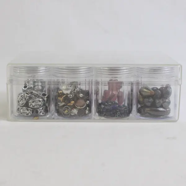Lot of 12 Small Canisters of Metallic & Plastic Beads in Storage Box