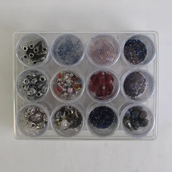 Lot of 12 Small Canisters of Metallic & Plastic Beads in Storage Box