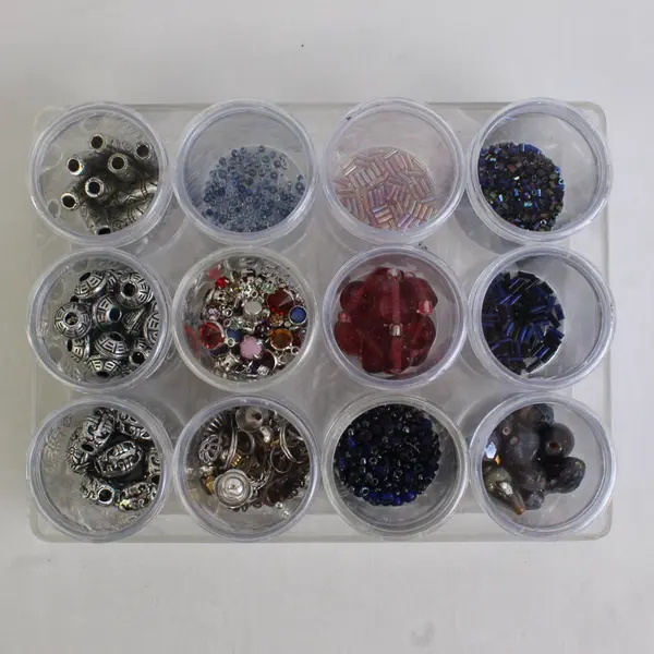 Lot of 12 Small Canisters of Metallic & Plastic Beads in Storage Box