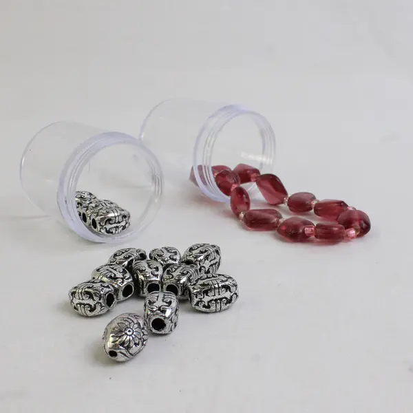 Lot of 12 Small Canisters of Metallic & Plastic Beads in Storage Box