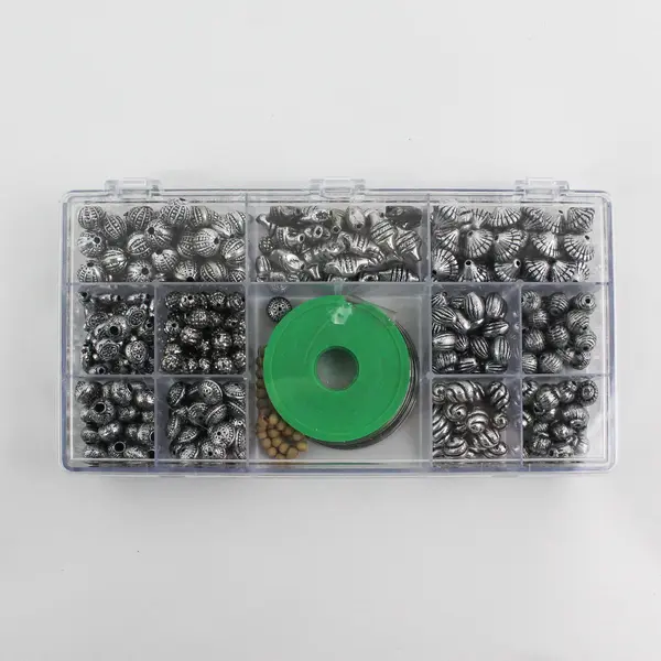 Plastic Storage Box of Assorted Metallic Beads and Thread for Jewelry-Making