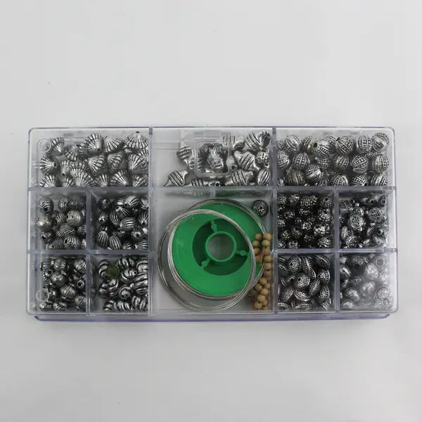 Plastic Storage Box of Assorted Metallic Beads and Thread for Jewelry-Making