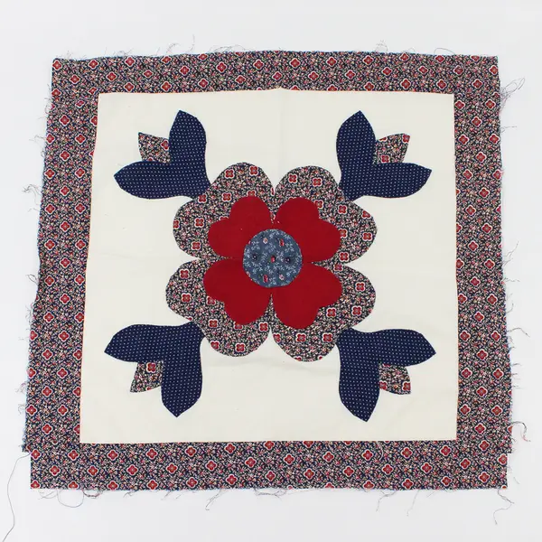 Vintage Handmade Flower Quilt Block 17" x 17" Red White Blue