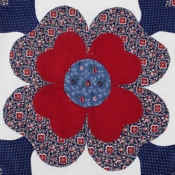 Vintage Handmade Flower Quilt Block 17" x 17" Red White Blue
