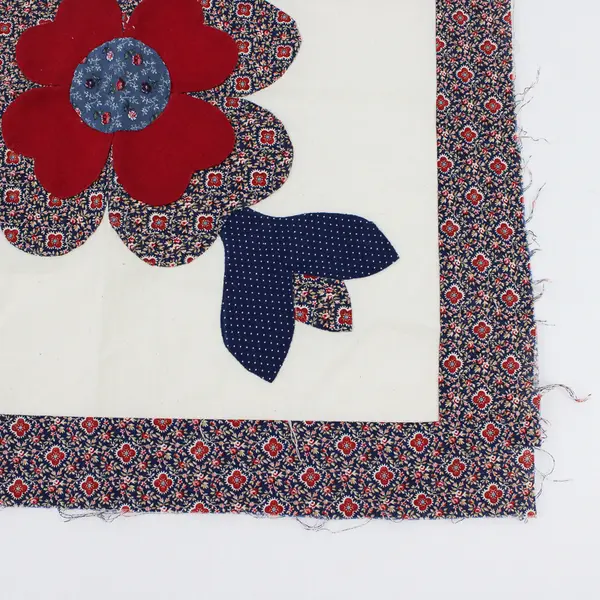 Vintage Handmade Flower Quilt Block 17" x 17" Red White Blue