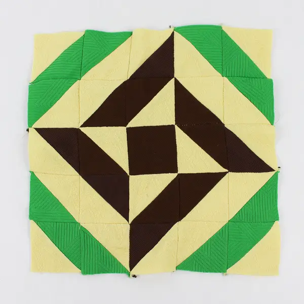 Handmade Yellow Green and Brown Geometric Design Quilt Block 13" x 13"