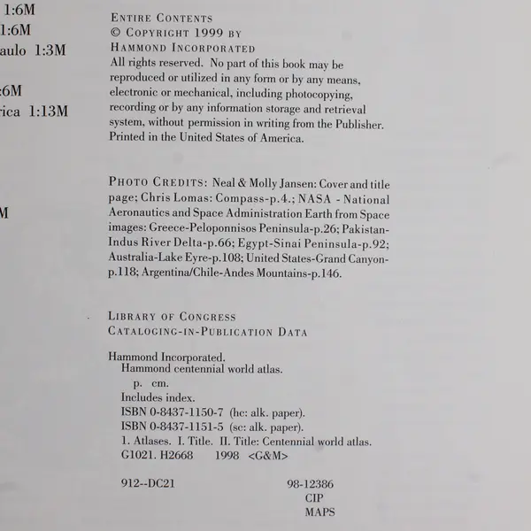 Hammond Centennial World Atlas Hardcover with DJ, 1999