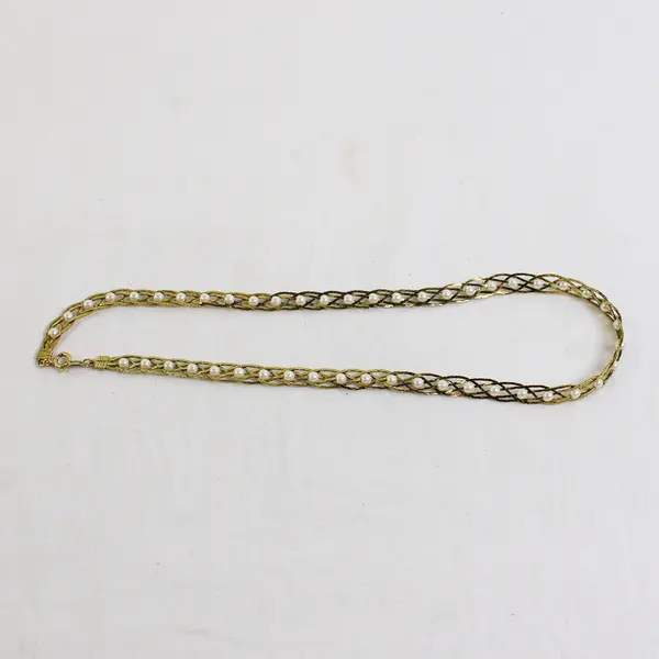 Vintage Avon Gold-Tone Braided Necklace Interwoven Faux Pearls 18.5"