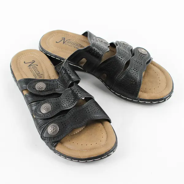 Natural Reflections Black/Beige Cami ll Wedge Sandals Silver Hardware Women's 8