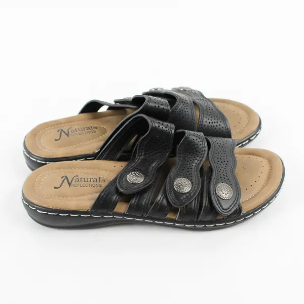 Natural Reflections Black/Beige Cami ll Wedge Sandals Silver Hardware Women's 8