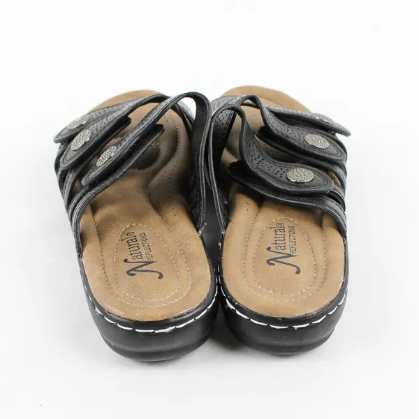 Natural Reflections Black/Beige Cami ll Wedge Sandals Silver Hardware Women's 8