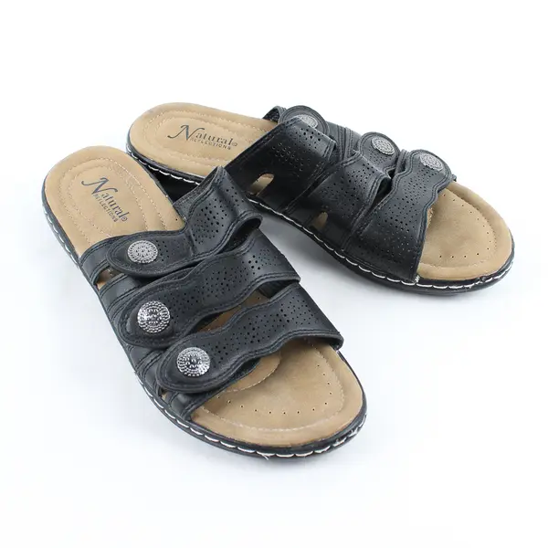 Natural Reflections Black/Beige Cami ll Wedge Sandals Silver Hardware Women's 9